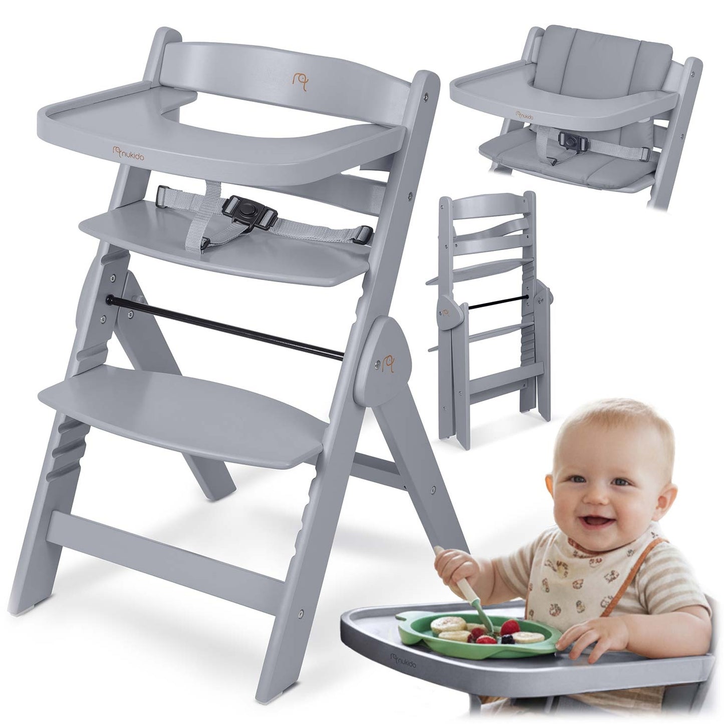 Wooden High Chair for Kids, Adjustable, Removable Tray