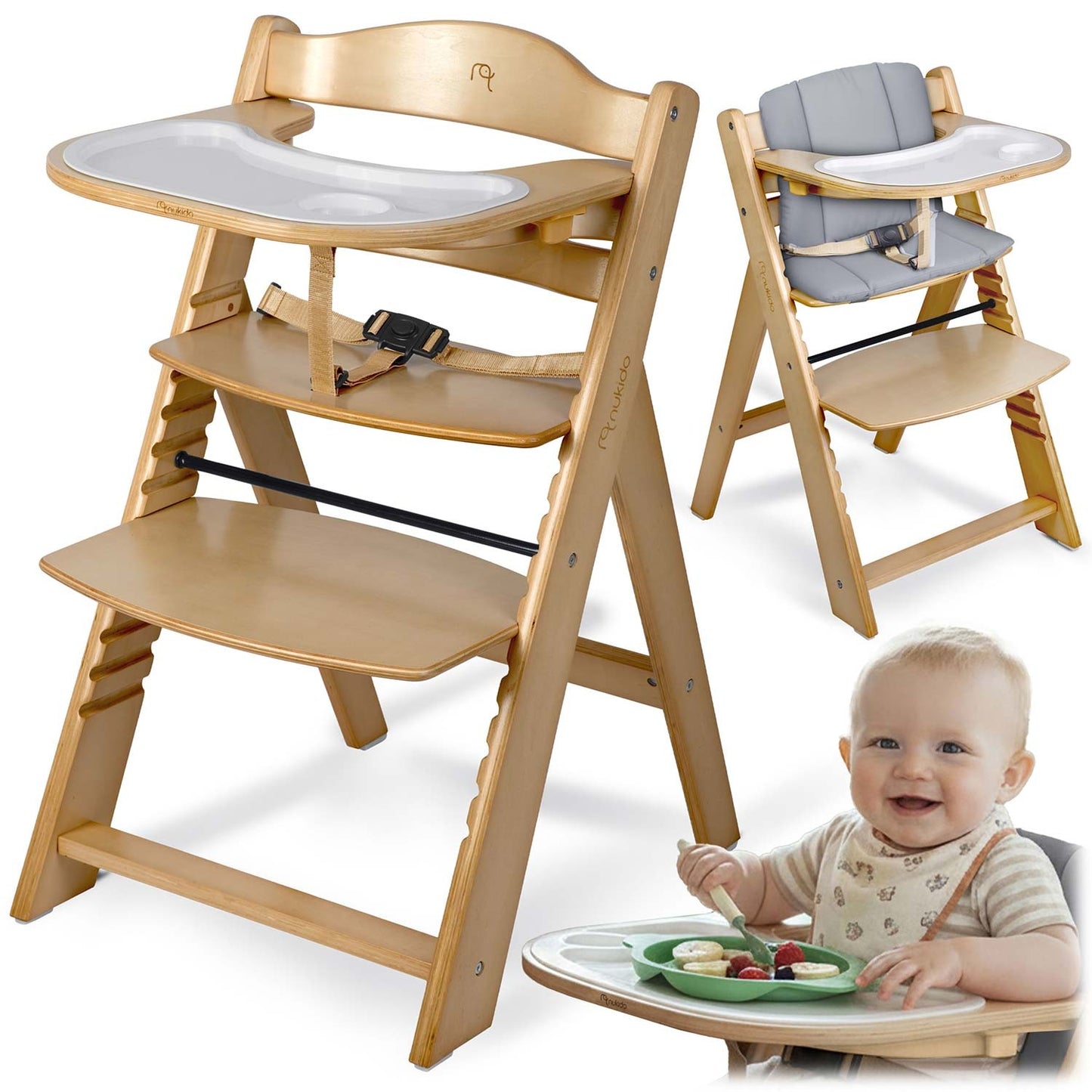 Wooden High Chair for Kids, Adjustable, Removable Tray