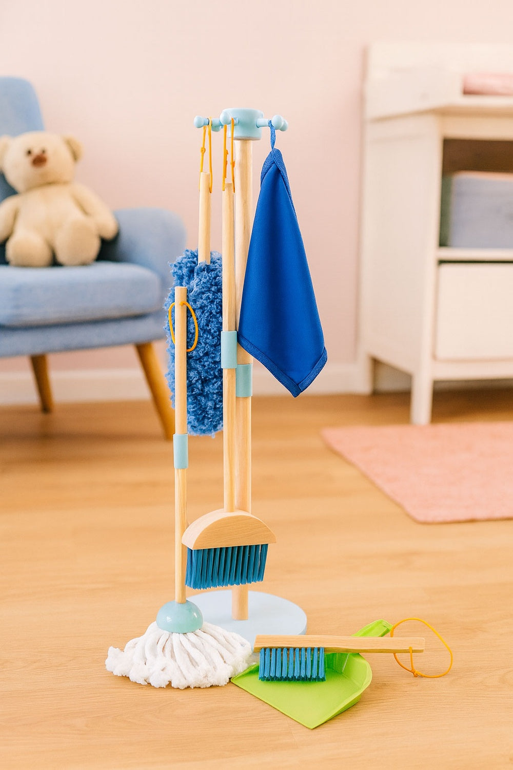 Wooden Kids Cleaning Set – Mop, Broom, Dustpan, 7 Pcs