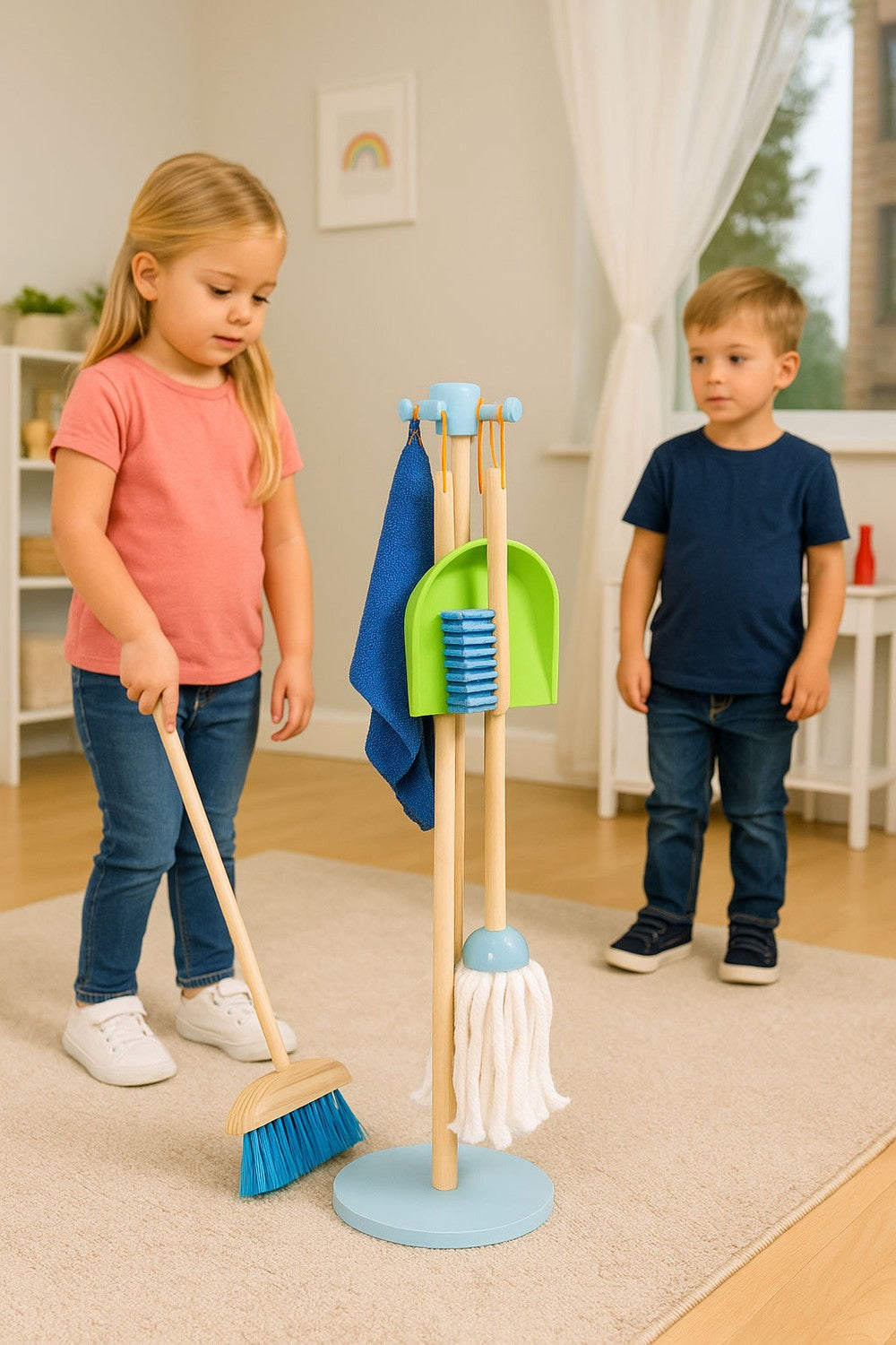 Wooden Kids Cleaning Set – Mop, Broom, Dustpan, 7 Pcs