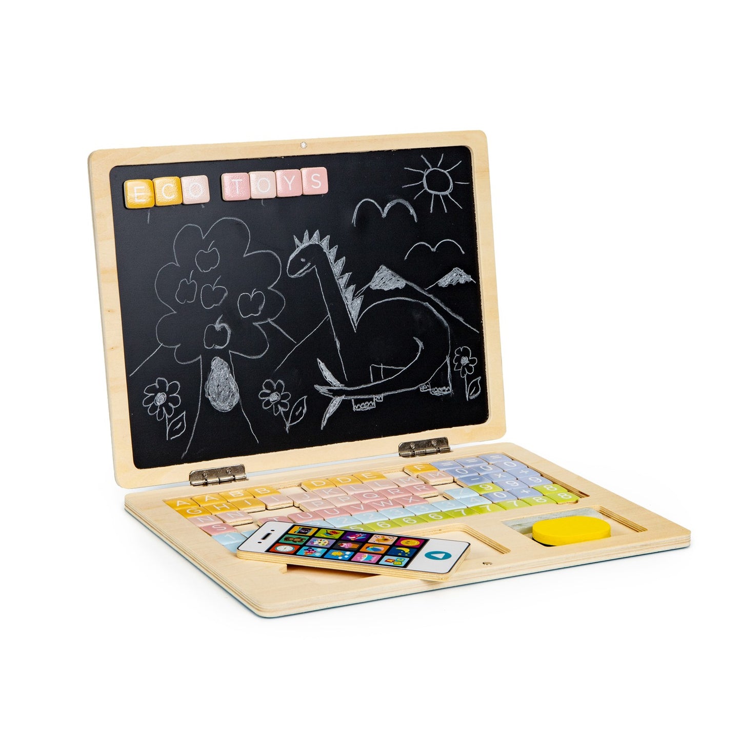 Wooden Magnetic educational blackboard laptop with phone and letters ECOTOYS