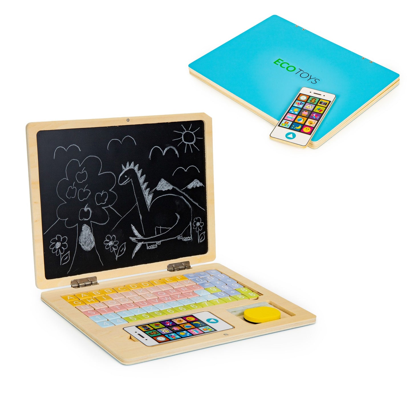Wooden Magnetic educational blackboard laptop with phone and letters ECOTOYS