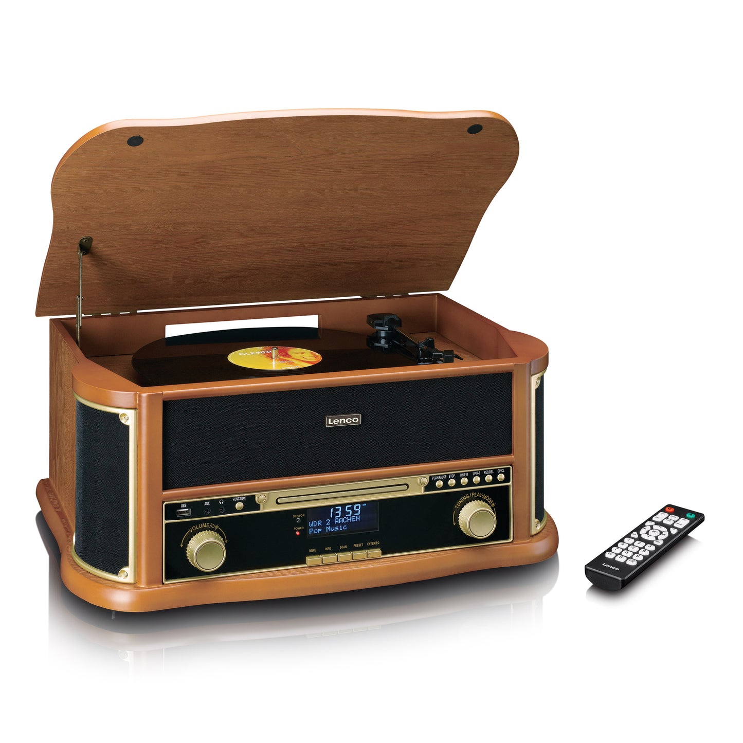 Wooden Retro Record Player with Bluetooth, CD, Cassette