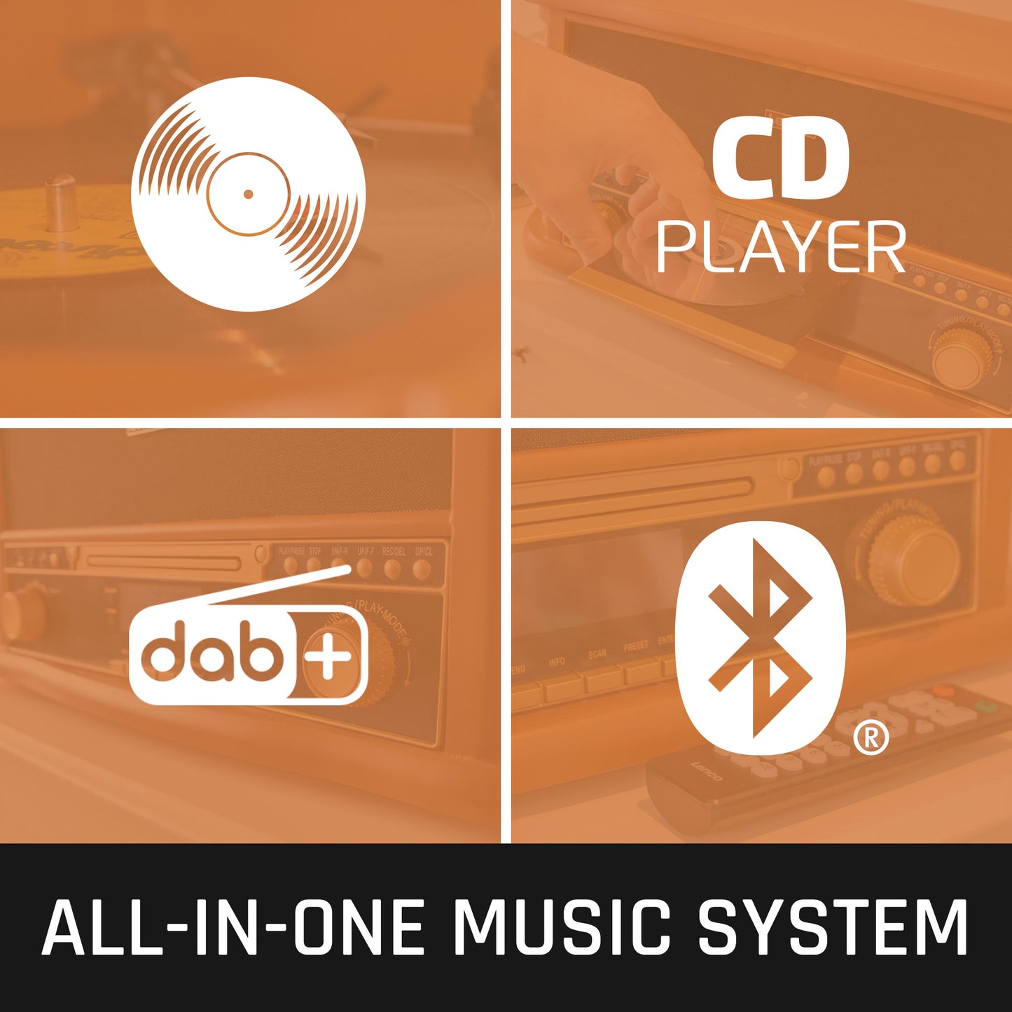 Wooden Retro Record Player with Bluetooth, CD, Cassette