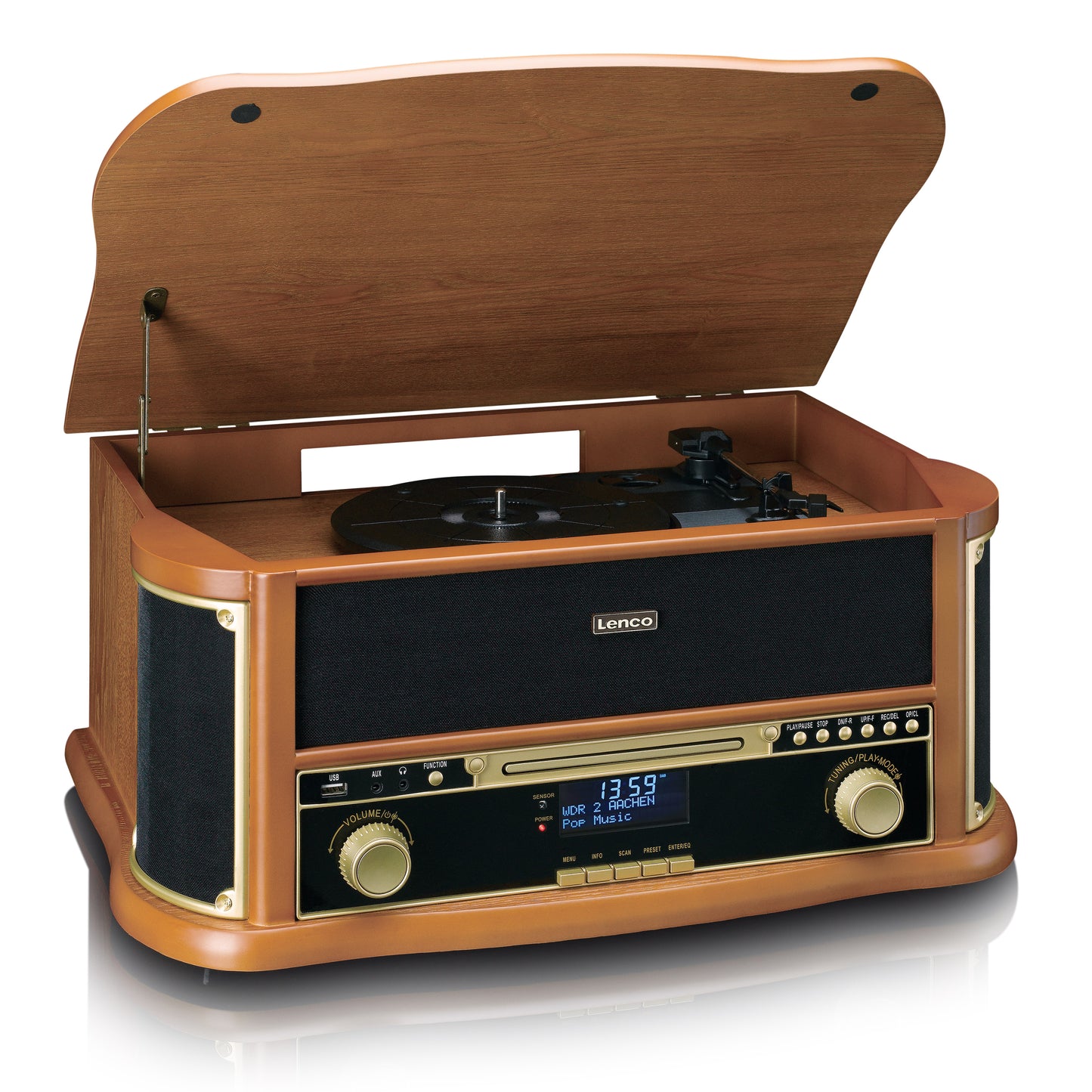 Wooden Retro Record Player with Bluetooth, CD, Cassette