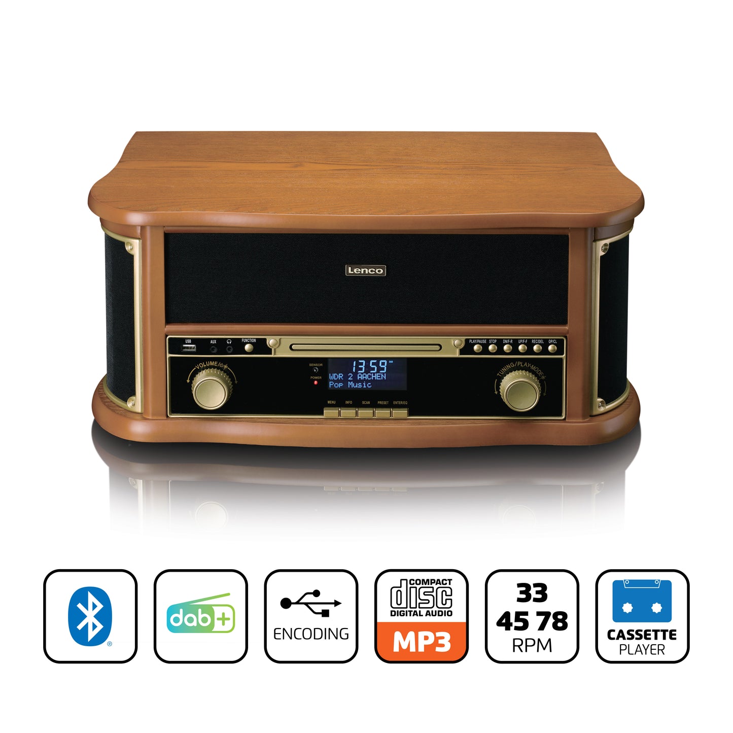 Wooden Retro Record Player with Bluetooth, CD, Cassette