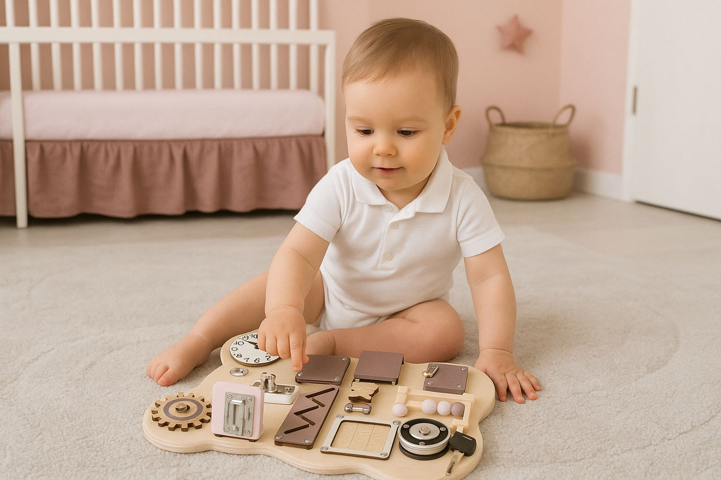 Wooden Sensory Busy Board for Kids – 12-Piece Educational Toy