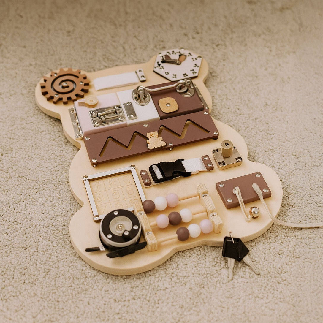 Wooden Sensory Busy Board for Kids – 12-Piece Educational Toy