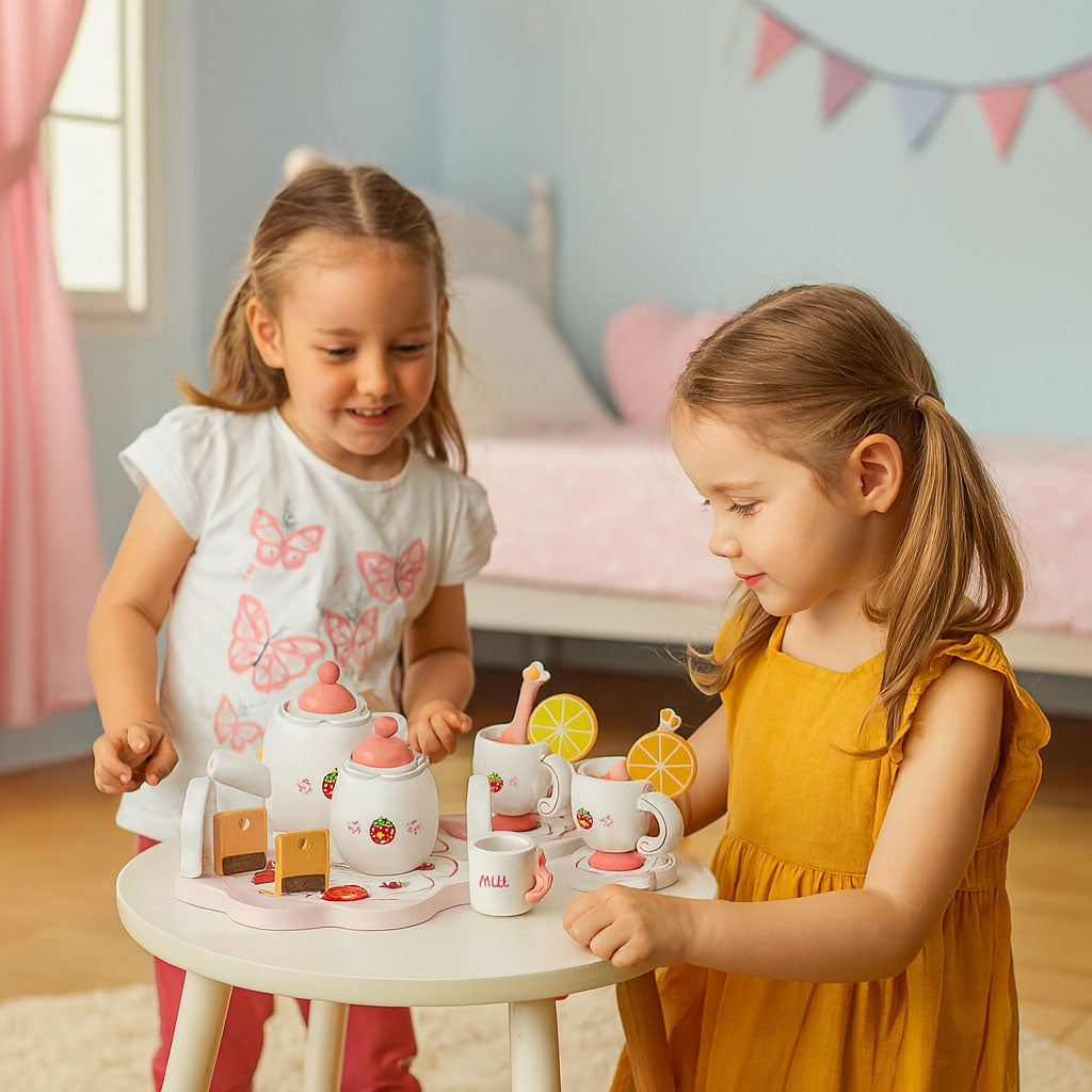Wooden Tea Set for Kids, 14-Piece Toy Playset