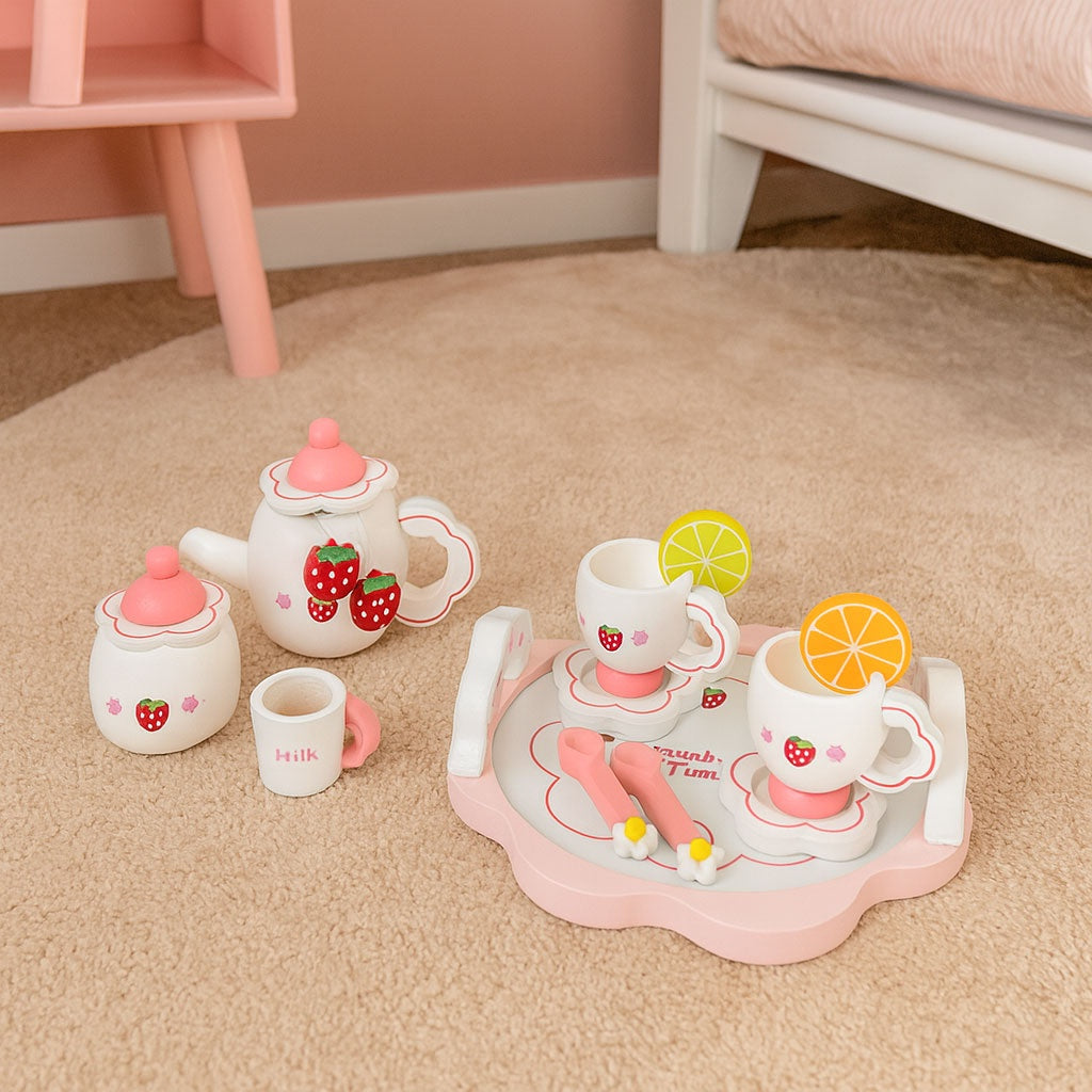 Wooden Tea Set for Kids, 14-Piece Toy Playset