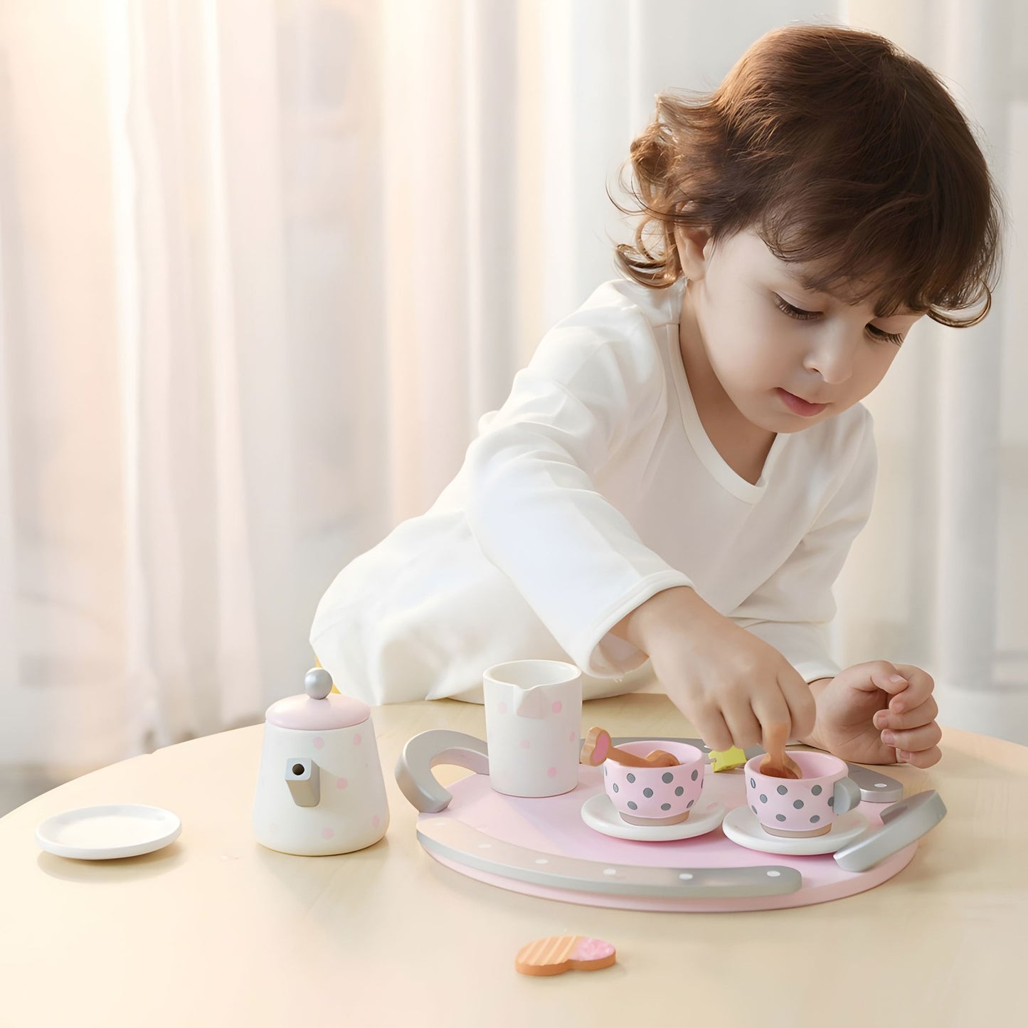Wooden Tea Set for Kids, 15-Piece Toy Playset