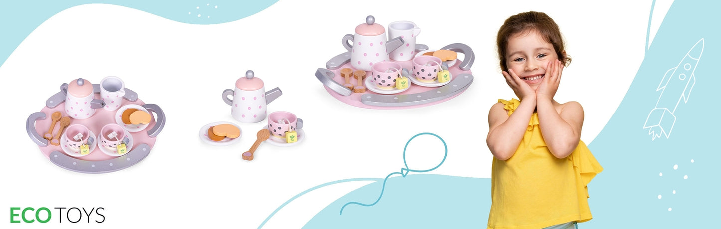 Wooden Tea Set for Kids, 15-Piece Toy Playset