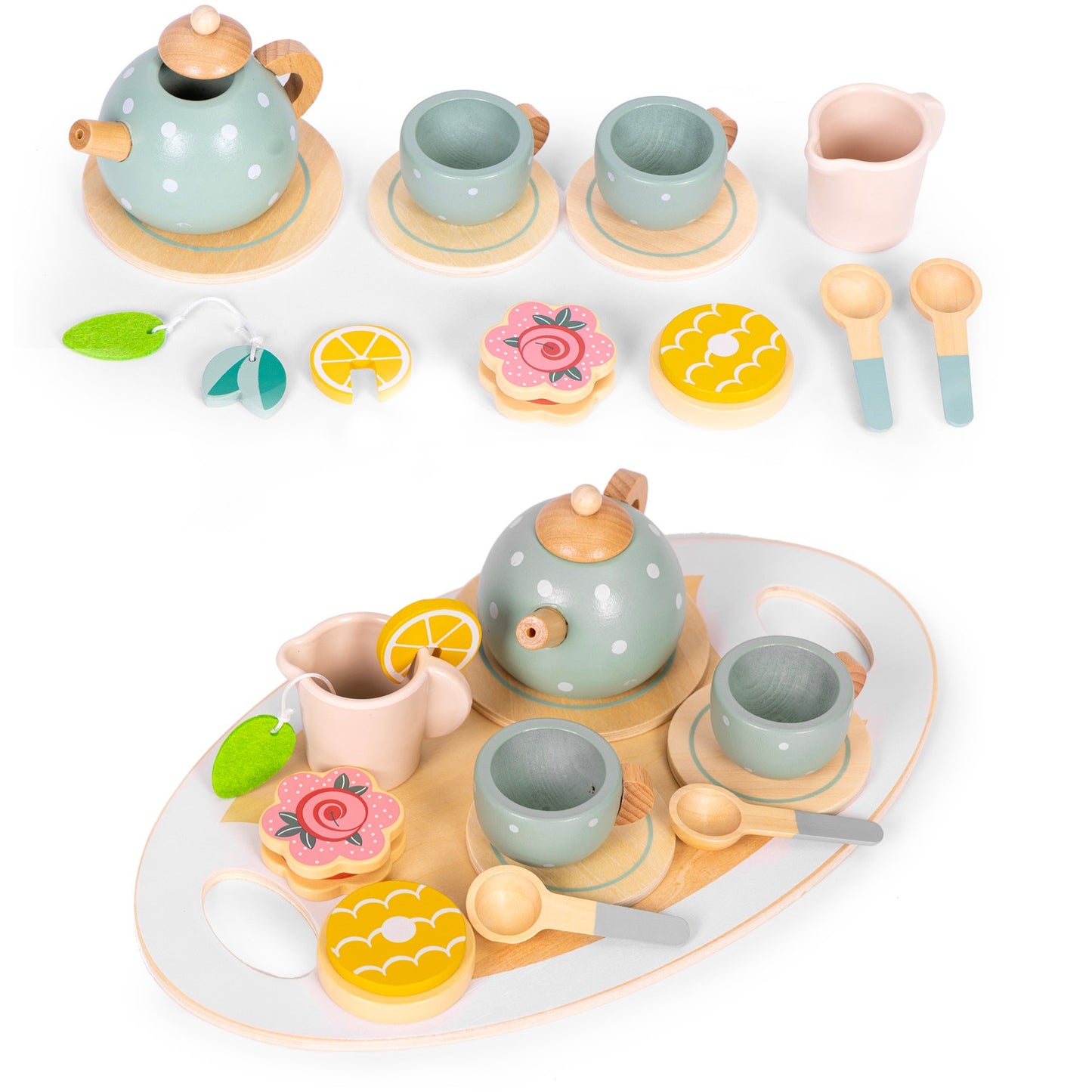 Wooden Tea Set with Teapot and 14 Cups