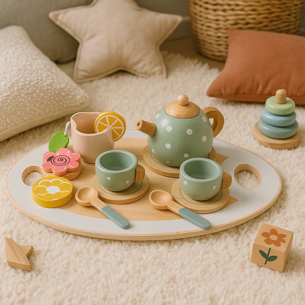 Wooden Tea Set with Teapot and 14 Cups