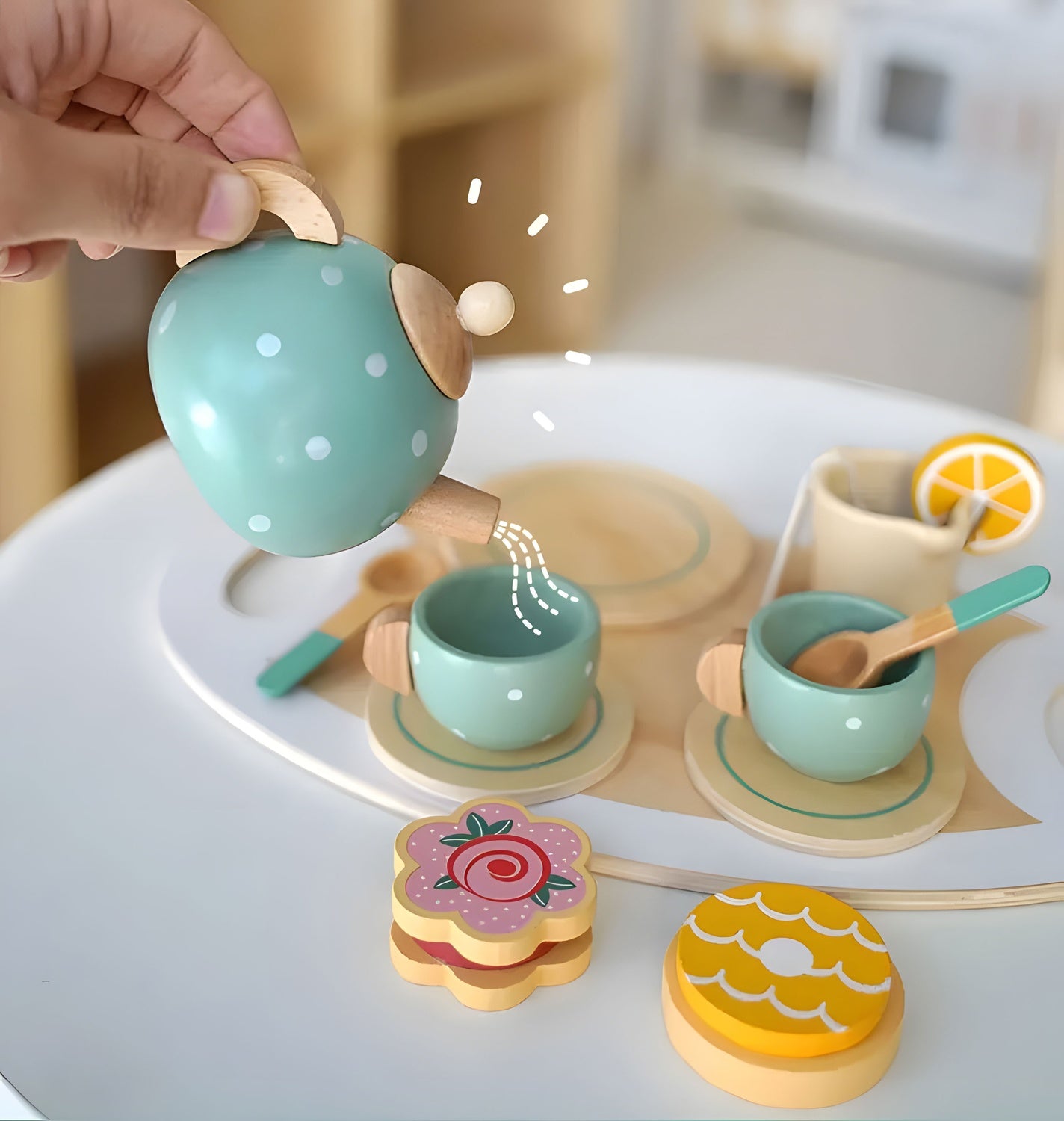 Wooden Tea and Coffee Set for Kids, 27-Piece Toy
