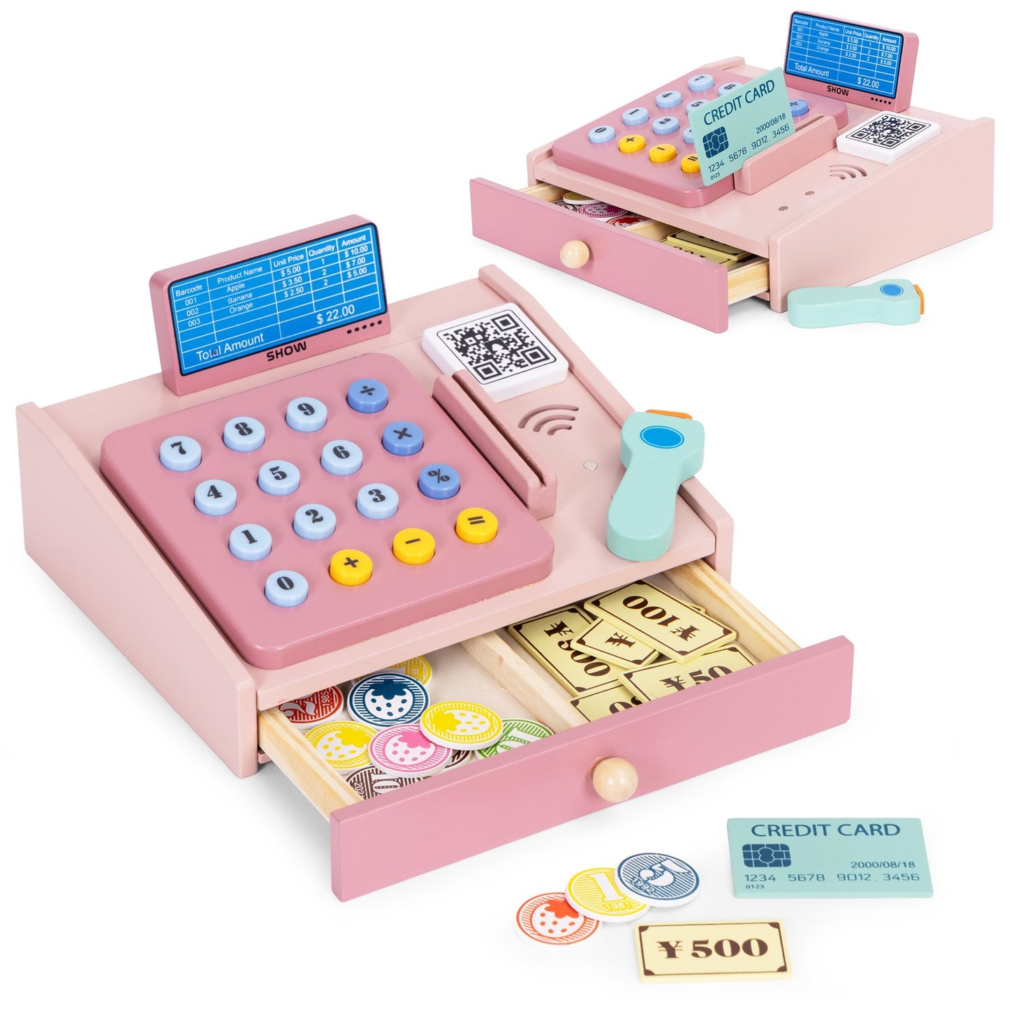 Wooden Toy Cash Register with Scanner and Card Reader