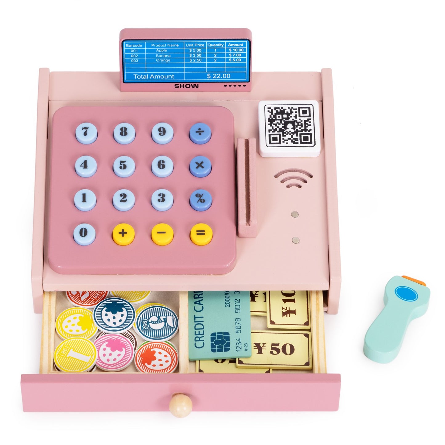 Wooden Toy Cash Register with Scanner and Card Reader
