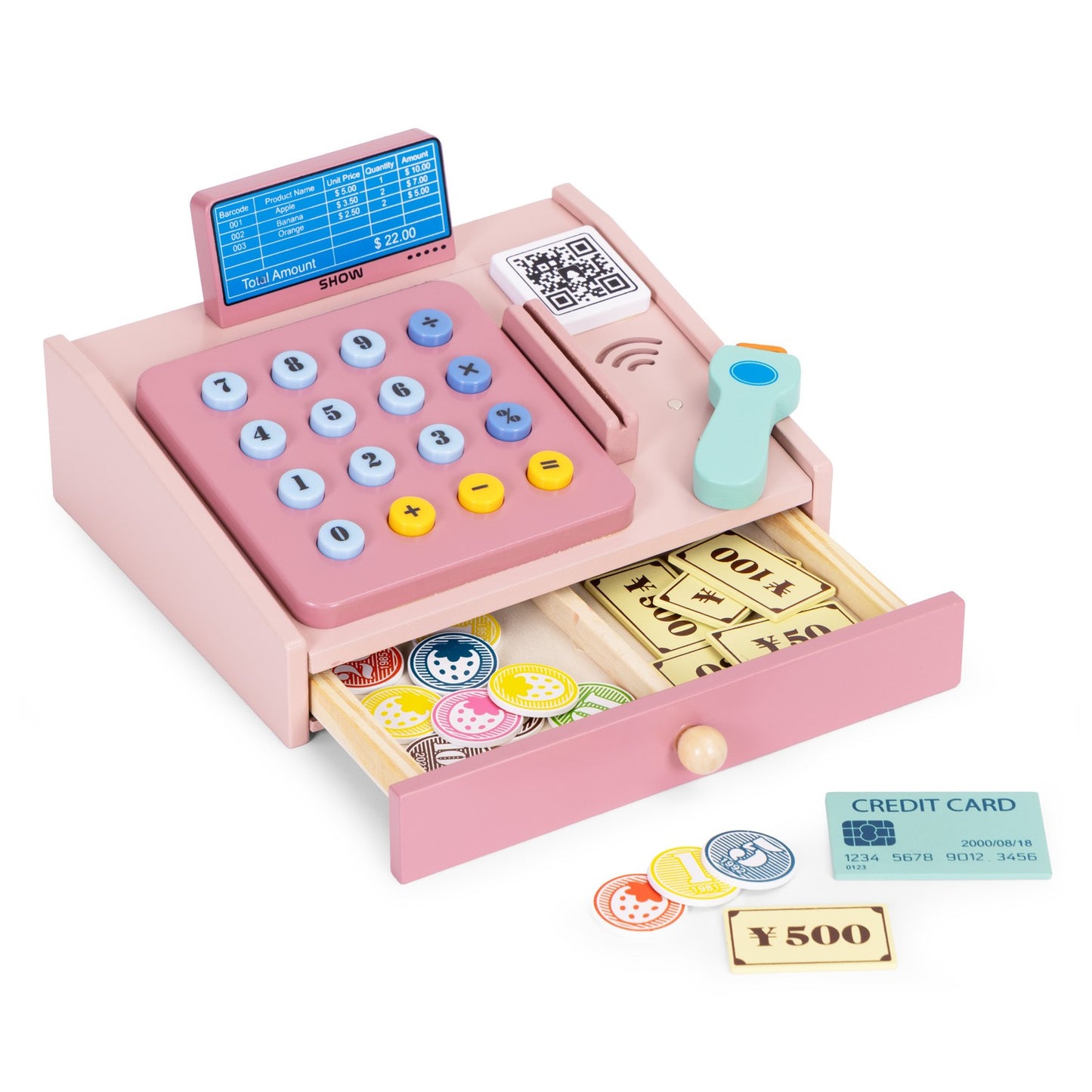 Wooden Toy Cash Register with Scanner and Card Reader