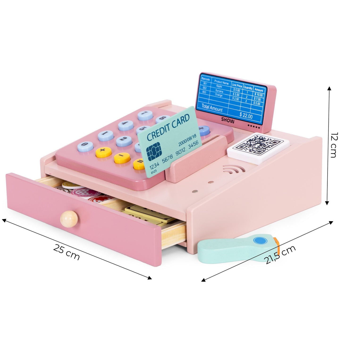 Wooden Toy Cash Register with Scanner and Card Reader