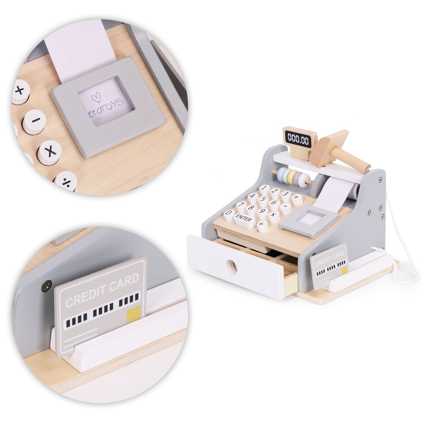 Wooden Toy Cash Register with Scanner and Card Reader