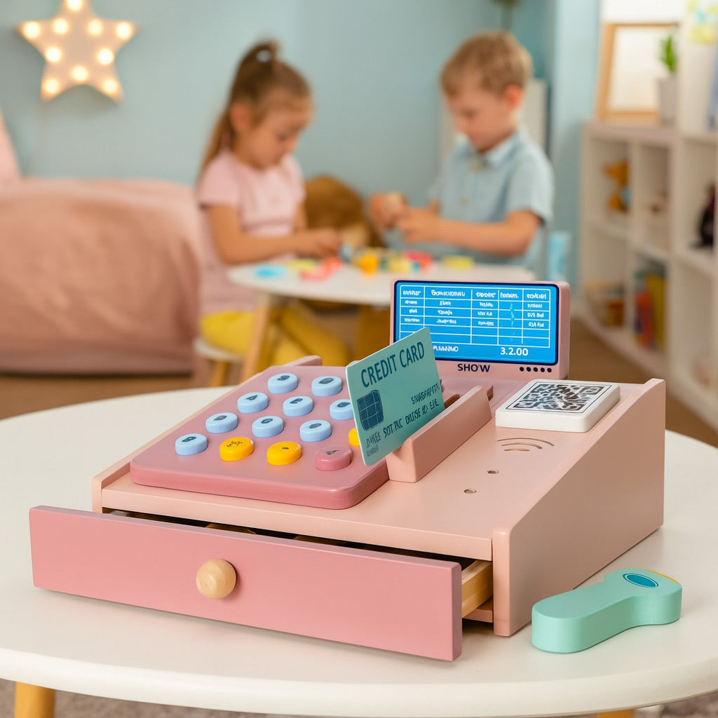 Wooden Toy Cash Register with Scanner and Card Reader