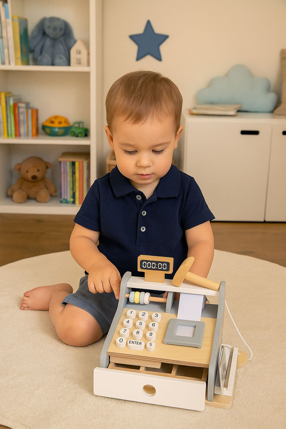 Wooden Toy Cash Register with Scanner and Card Reader
