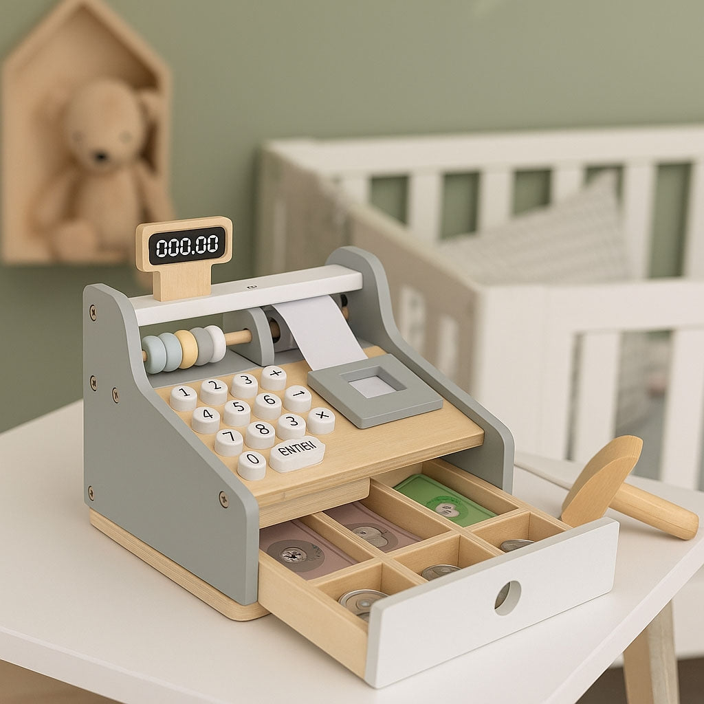 Wooden Toy Cash Register with Scanner and Card Reader