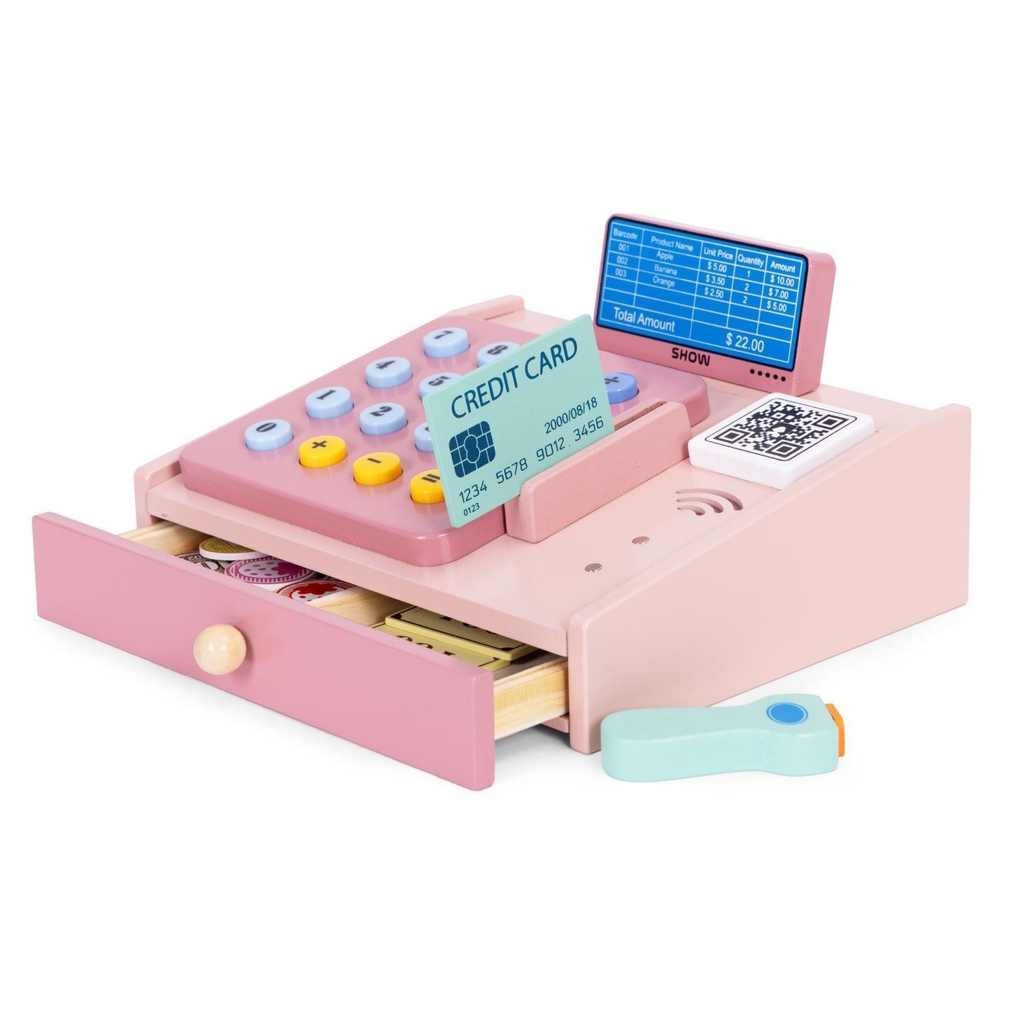 Wooden Toy Cash Register with Scanner and Card Reader