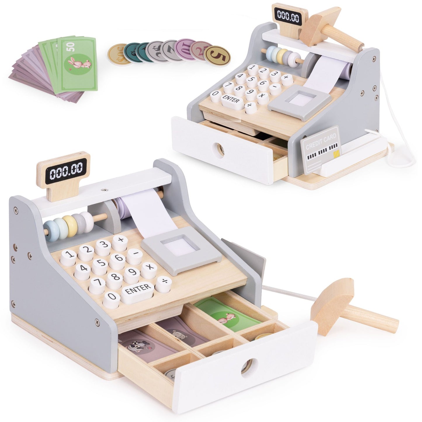Wooden Toy Cash Register with Scanner and Card Reader