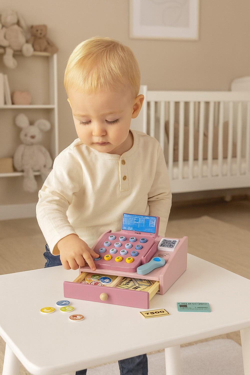 Wooden Toy Cash Register with Scanner and Card Reader