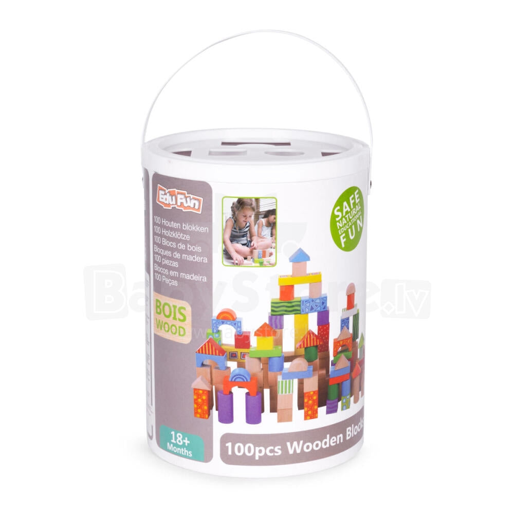Wooden blocks for children, 100 pieces, sorter bucket ECOTOYS