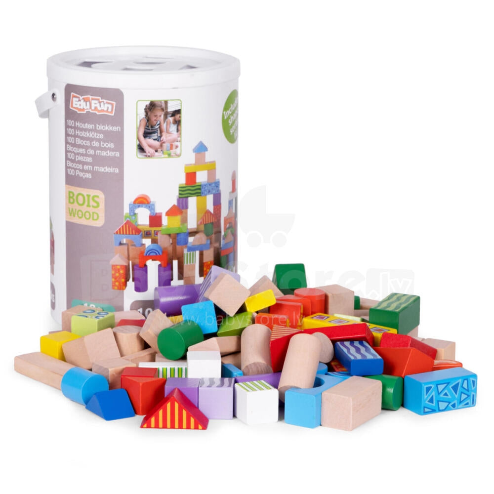 Wooden blocks for children, 100 pieces, sorter bucket ECOTOYS