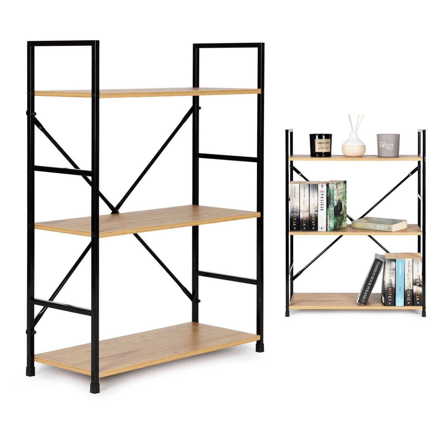 Wooden bookcase with metal frame wide LOFT 3 shelves