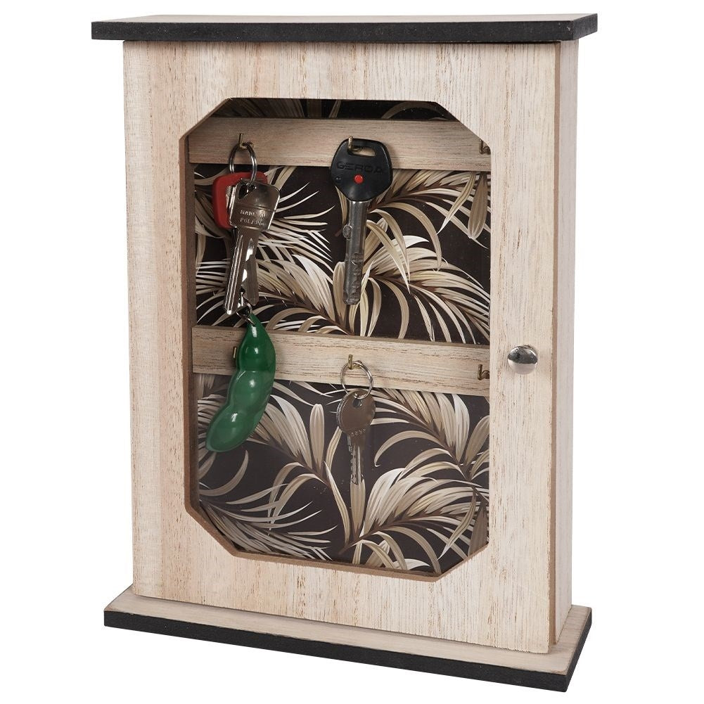Wooden cabinet with print and six golden hooks for keys