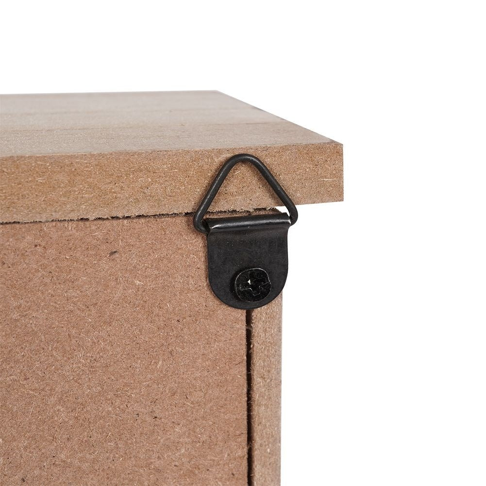 Wooden cabinet with print and six golden hooks for keys