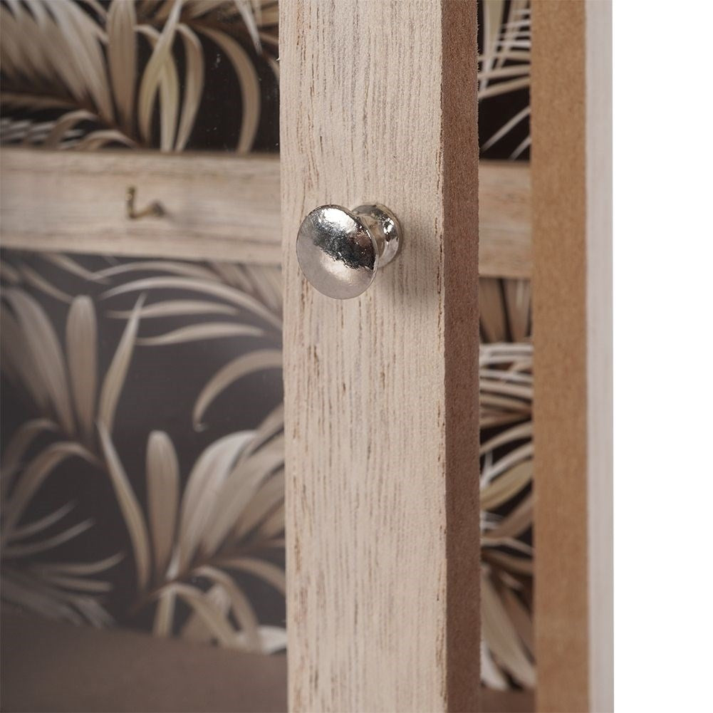 Wooden cabinet with print and six golden hooks for keys