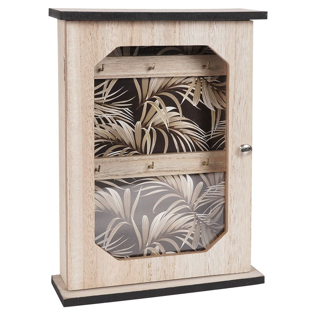 Wooden cabinet with print and six golden hooks for keys