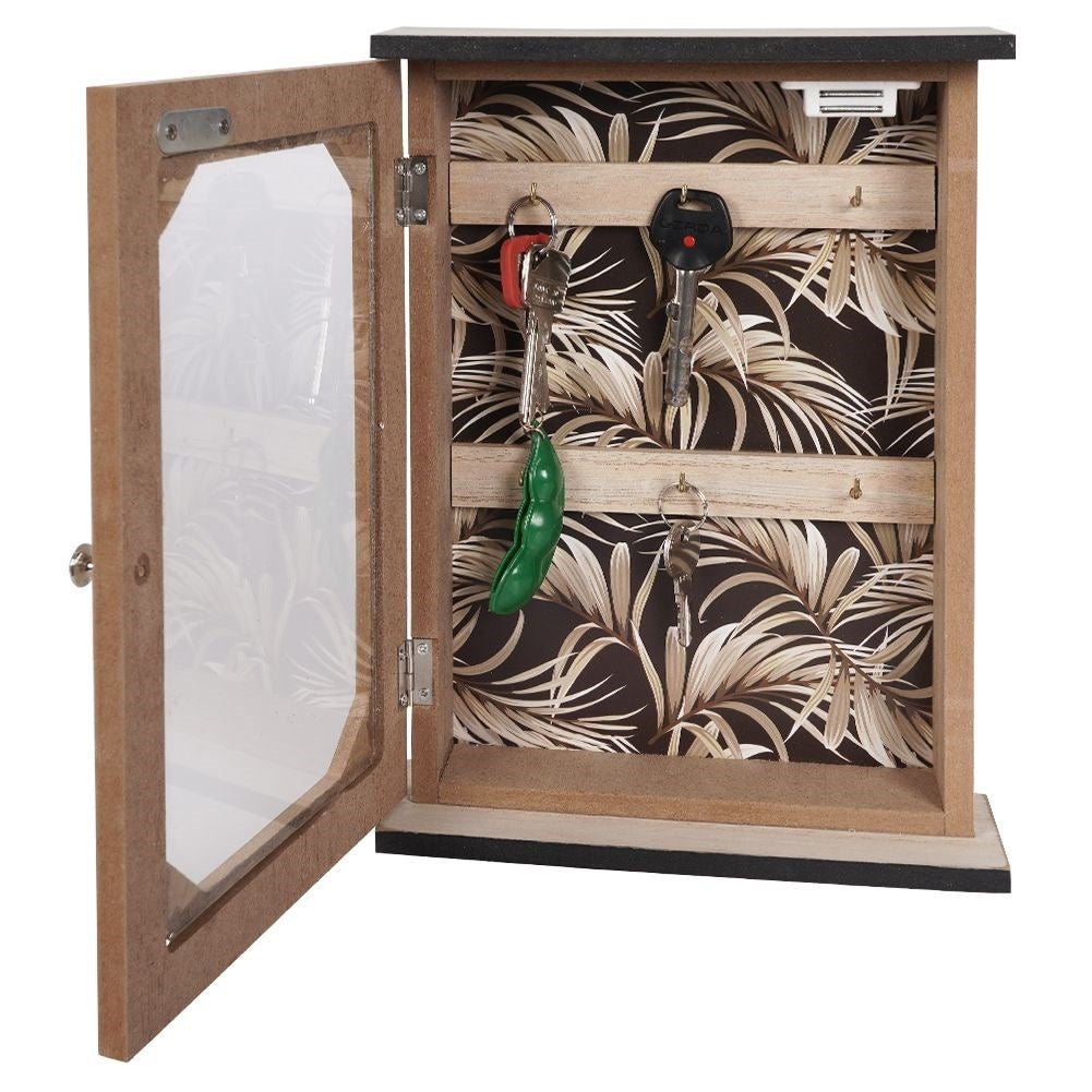 Wooden cabinet with print and six golden hooks for keys