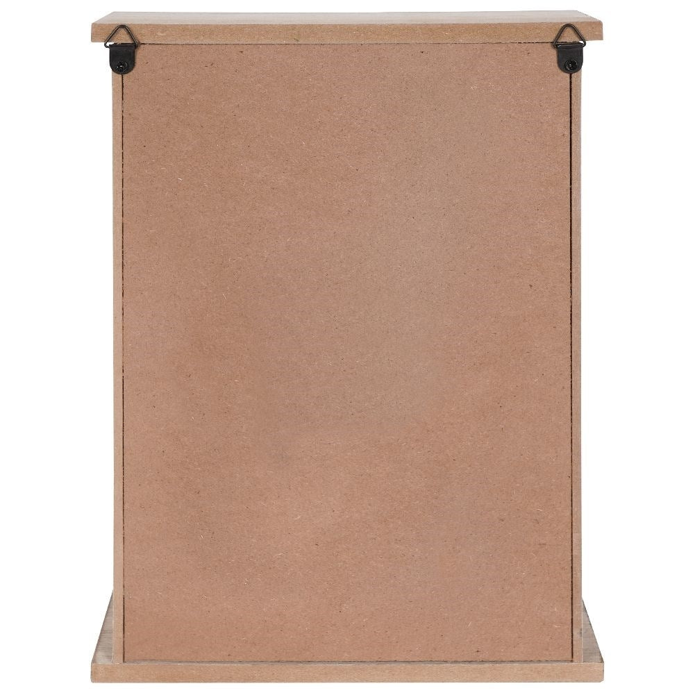 Wooden cabinet with print and six golden hooks for keys