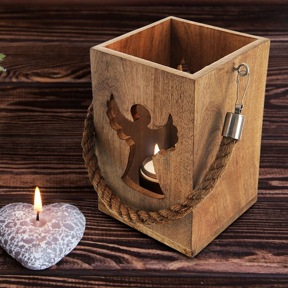 Wooden candle lantern with Angel for Indoors and Outdoors