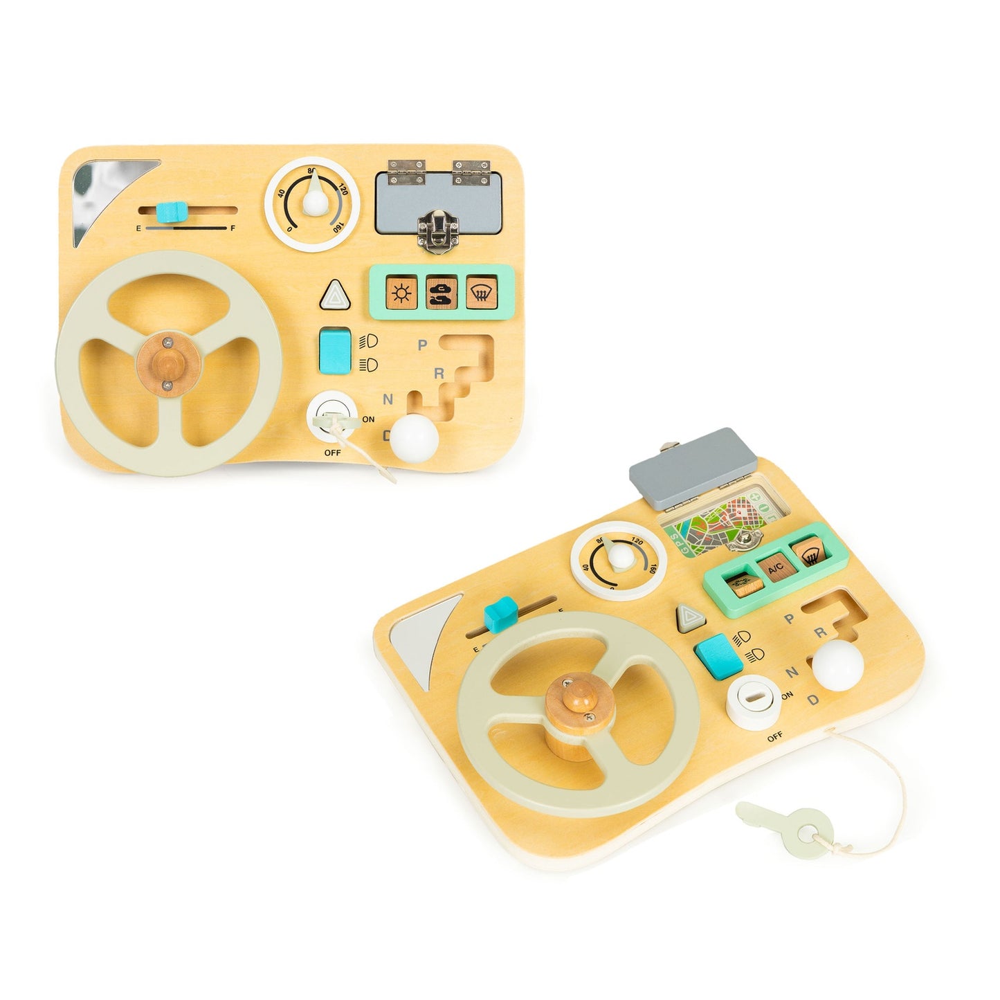 Wooden car steering wheel manipulation board for children