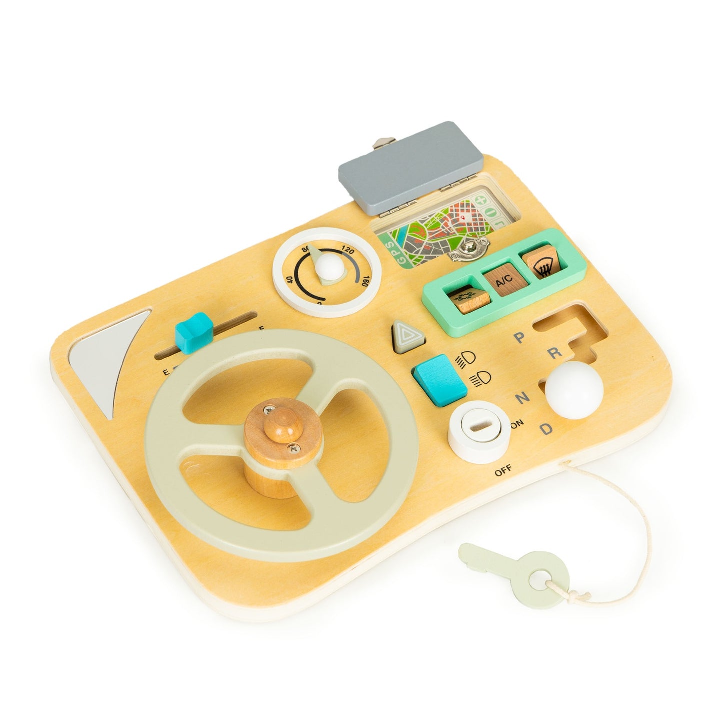 Wooden car steering wheel manipulation board for children