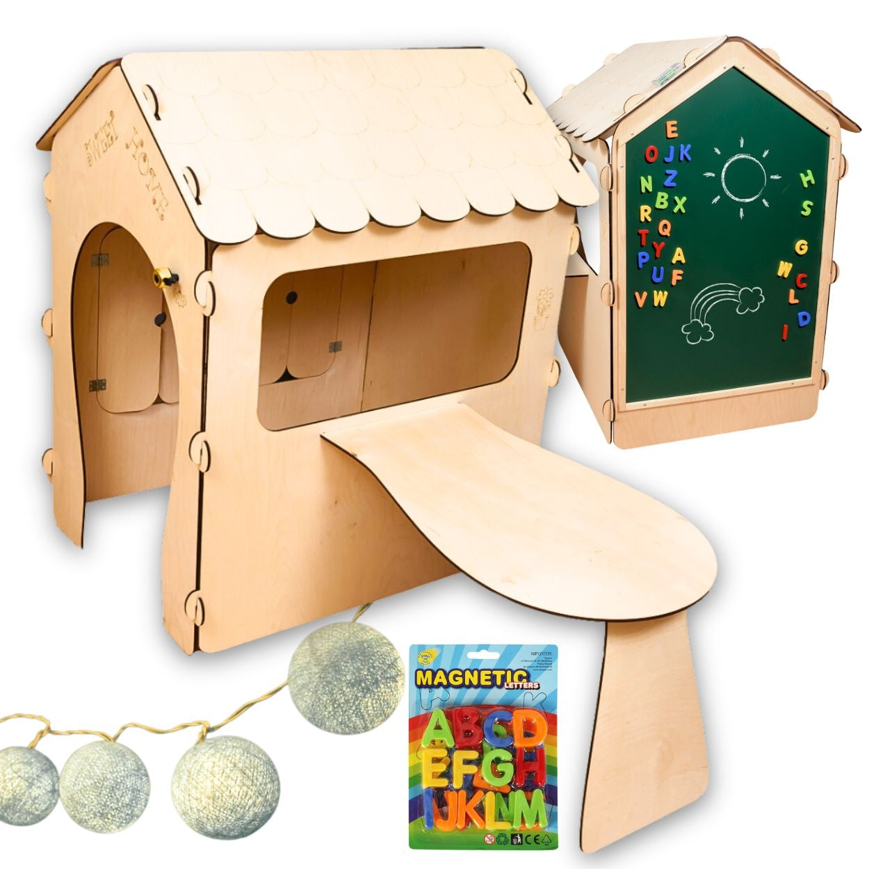 Wooden children's house with blackboard and table