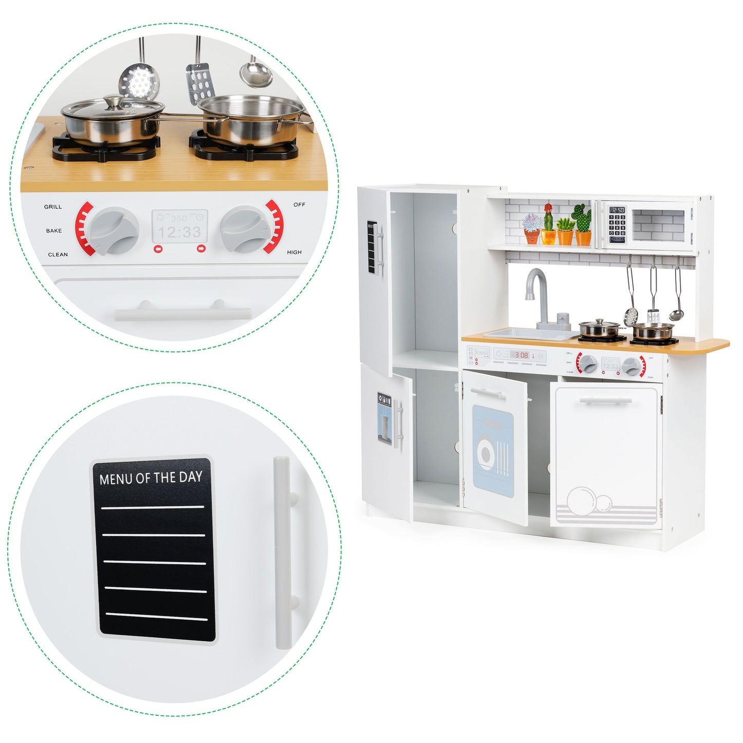 Wooden children's kitchen led light + pots