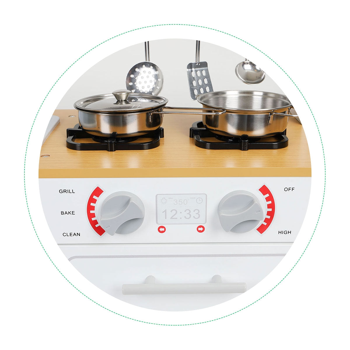 Wooden children's kitchen led light + pots