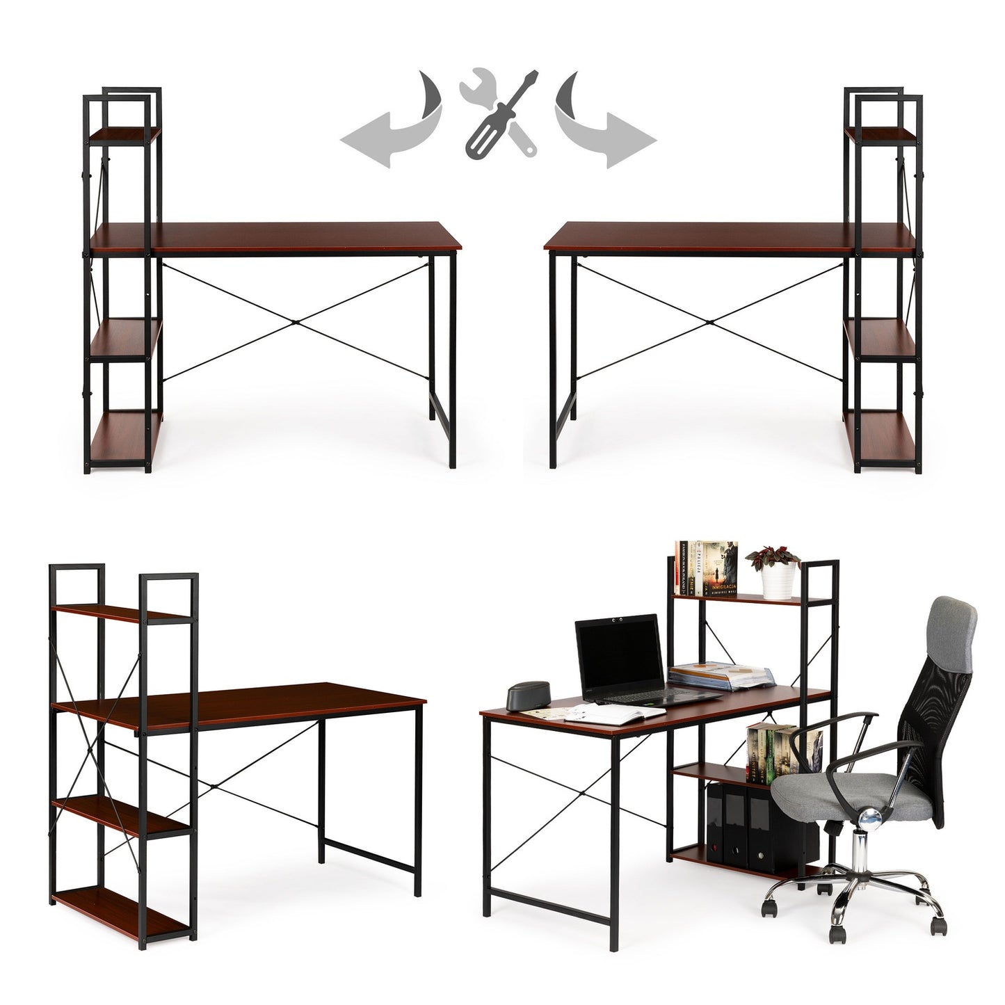 Wooden computer desk with loft shelves