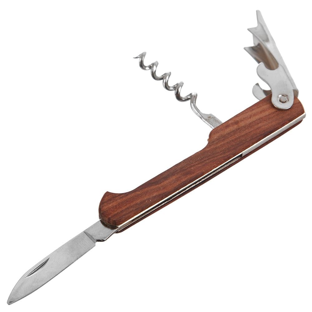 Wooden cork screw with steel, foil cutter and varnish knife