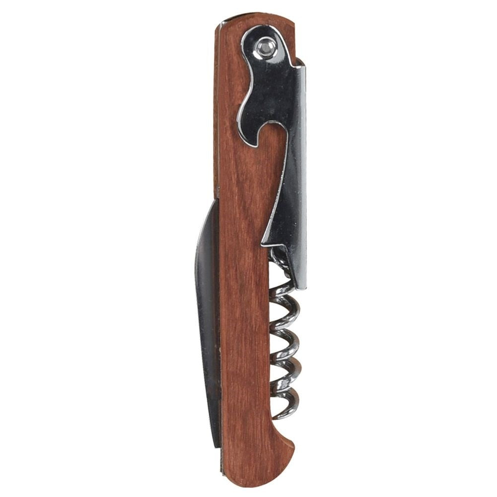 Wooden cork screw with steel, foil cutter and varnish knife