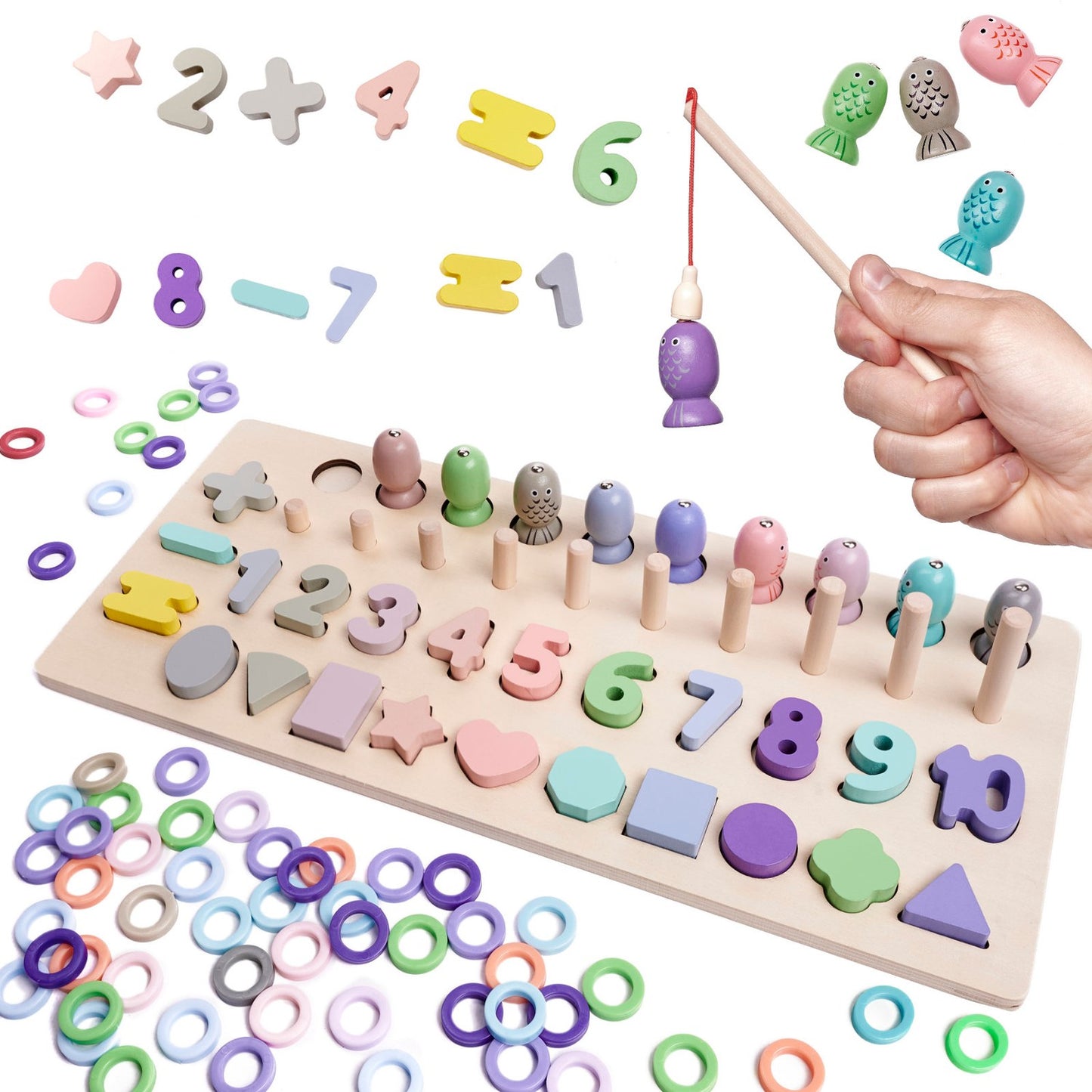 Wooden counting wheel fish catching numbers shapes