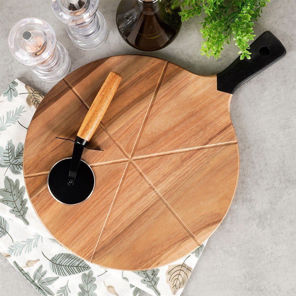 Wooden cutting board for Pizza with Steel Knife and Cutting Groove
